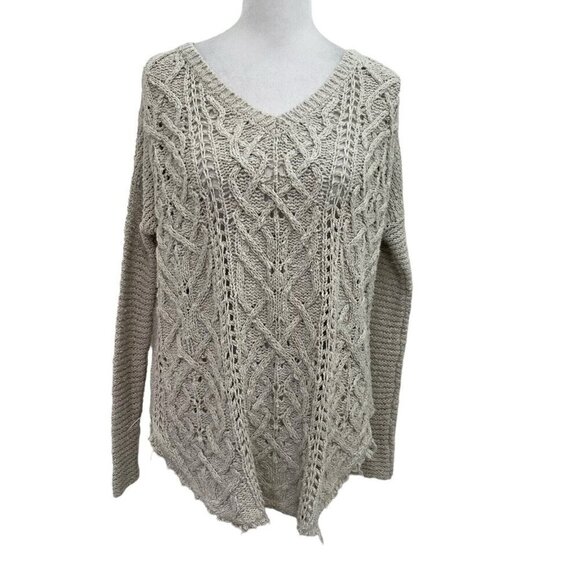 Free People Cable-Knit Raw Hem Distressed V-Neck Sweater Ivory size Small - Picture 1 of 6